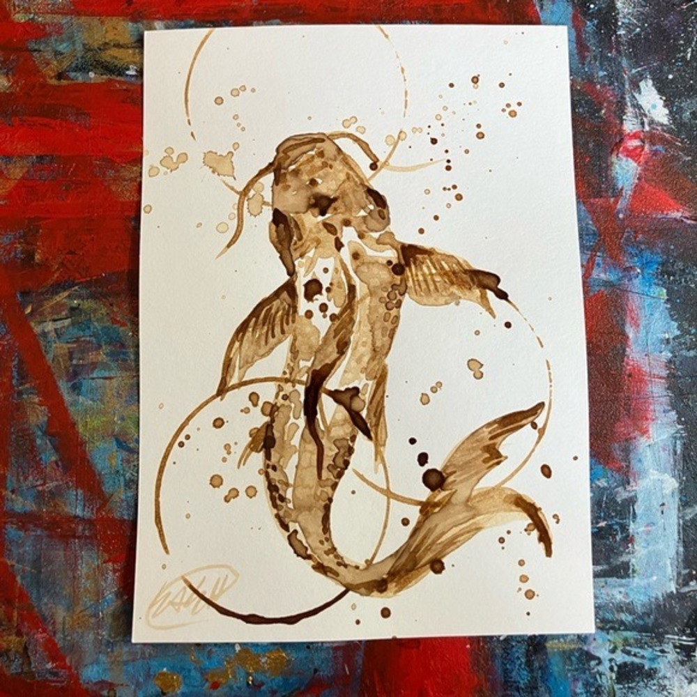 Koi painting original coffee art Java fish nature artwork contemporary Artettina